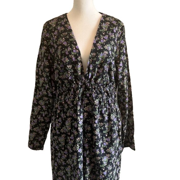 Zara Dress Womens Black Purple Floral Mini Long Sleeve Deep V Cotton Cottage XXL - Picture 1 of 8